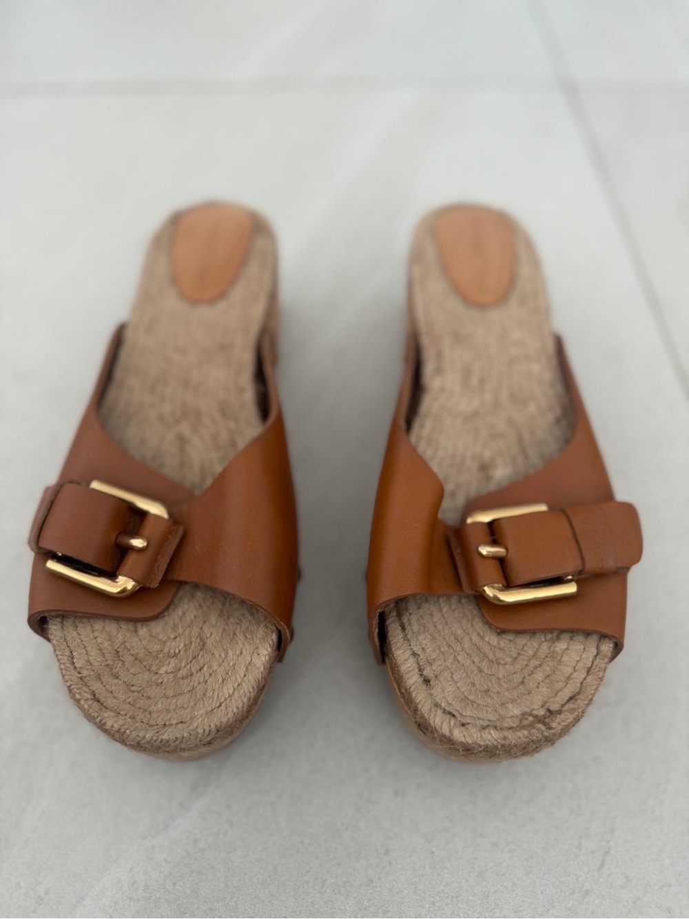 Chloe Women’s Tan Slide Sandals with Gold Buckle